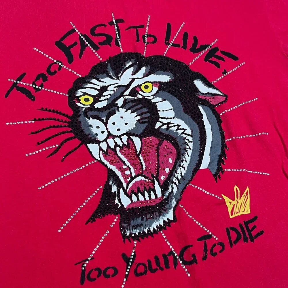 Imperious LG Short Sleeve Shirt Big Cat Rhinestone‎ Graphic Print Red Vintage